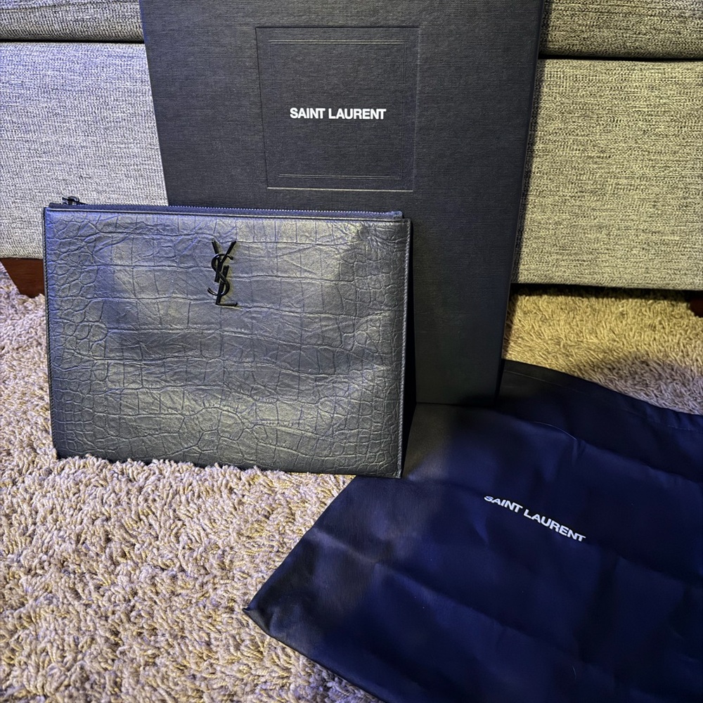 Saint Laurent Gray Crocodile Embossed Men's Pouch